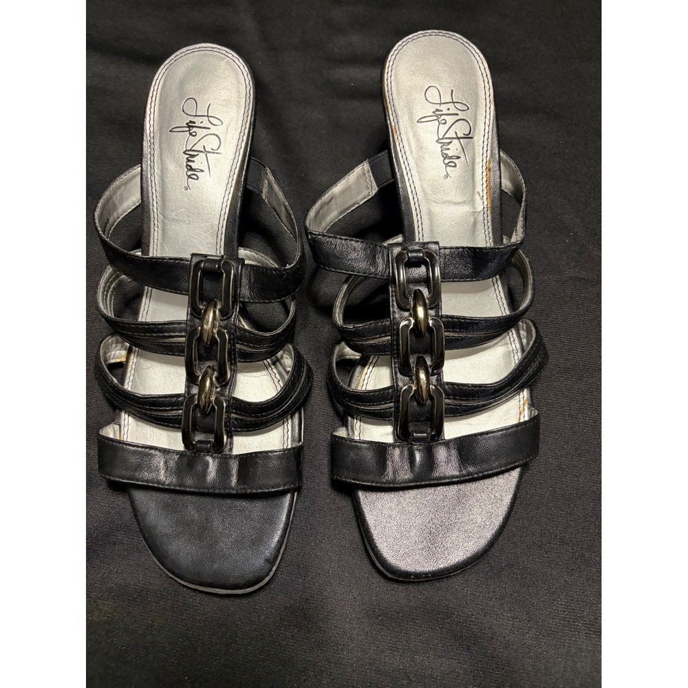 LifeStride Stand Up Black Strappy Chain Slide Sandals Women's 9M